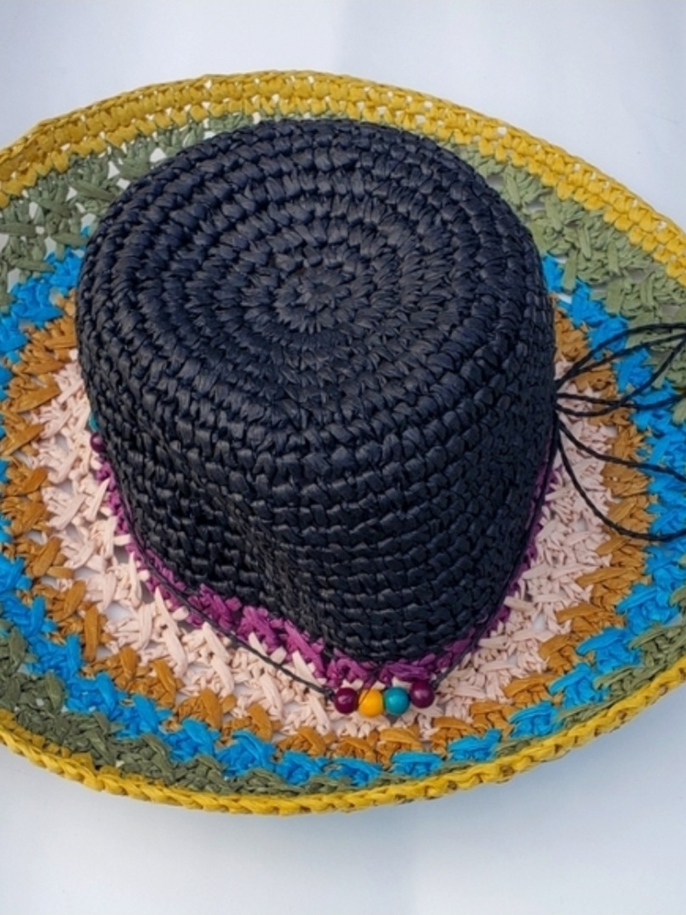 Handwoven Black Straw Sun Hat with Multicolor Brim